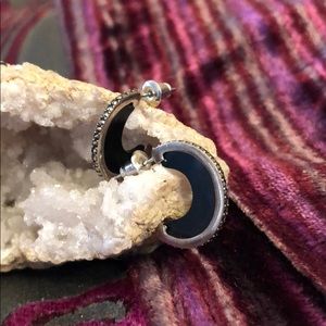 OOAK Black Silver Crystal Hoop Earrings Vintage